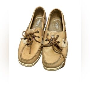 Sperry Tan Leather Boat Shoes‎ Women’s 7.5 | Pink Stripe Memory Foam